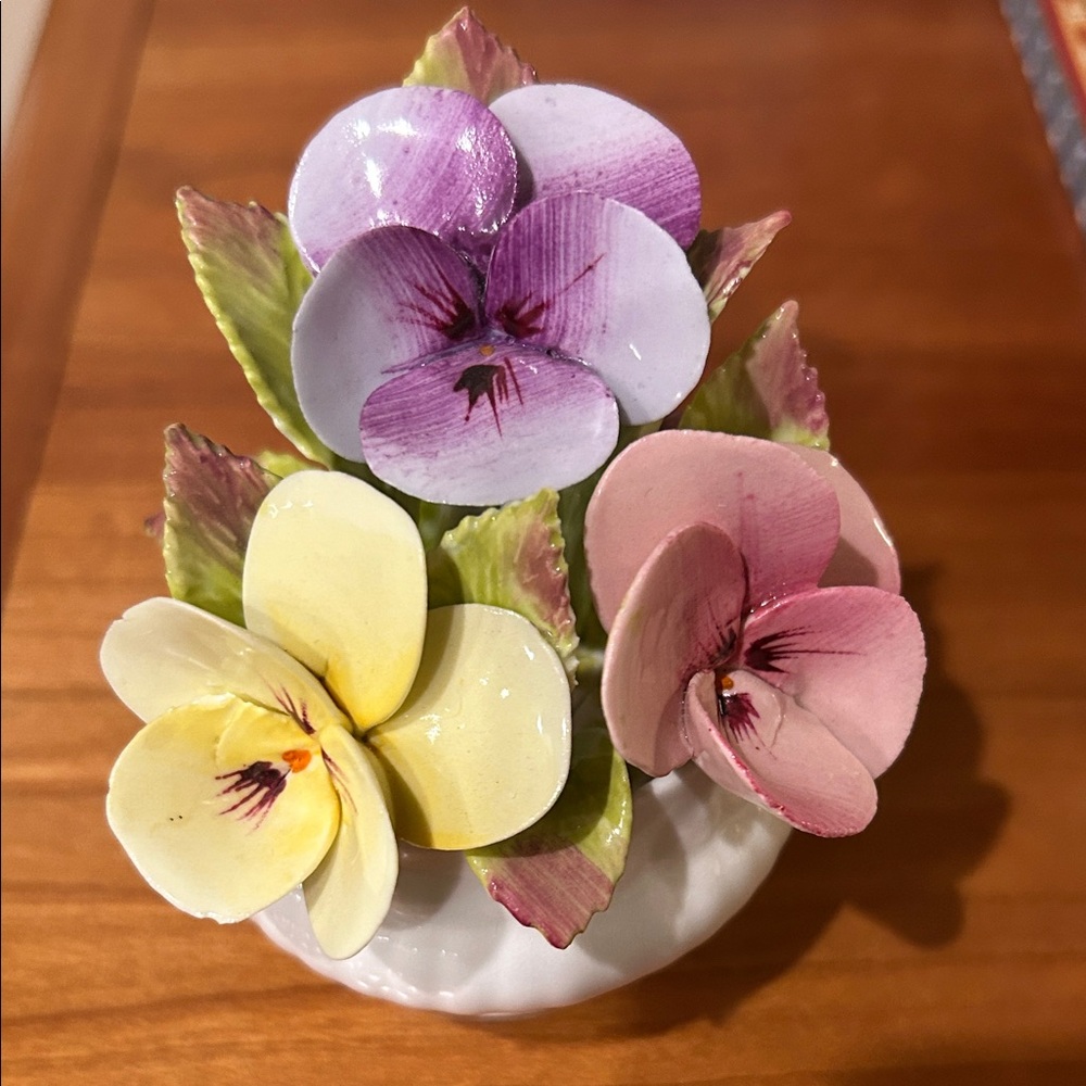 Hand-Painted Porcelain Pansy Trio Accent - Yellow, Pink & Purple